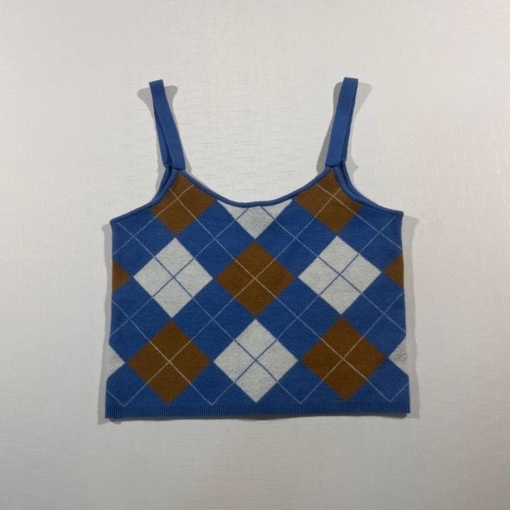 Willow & Wind Tank Top XL Women Blue Brown Plaid CropTop Argyle Preppy Knit Cami